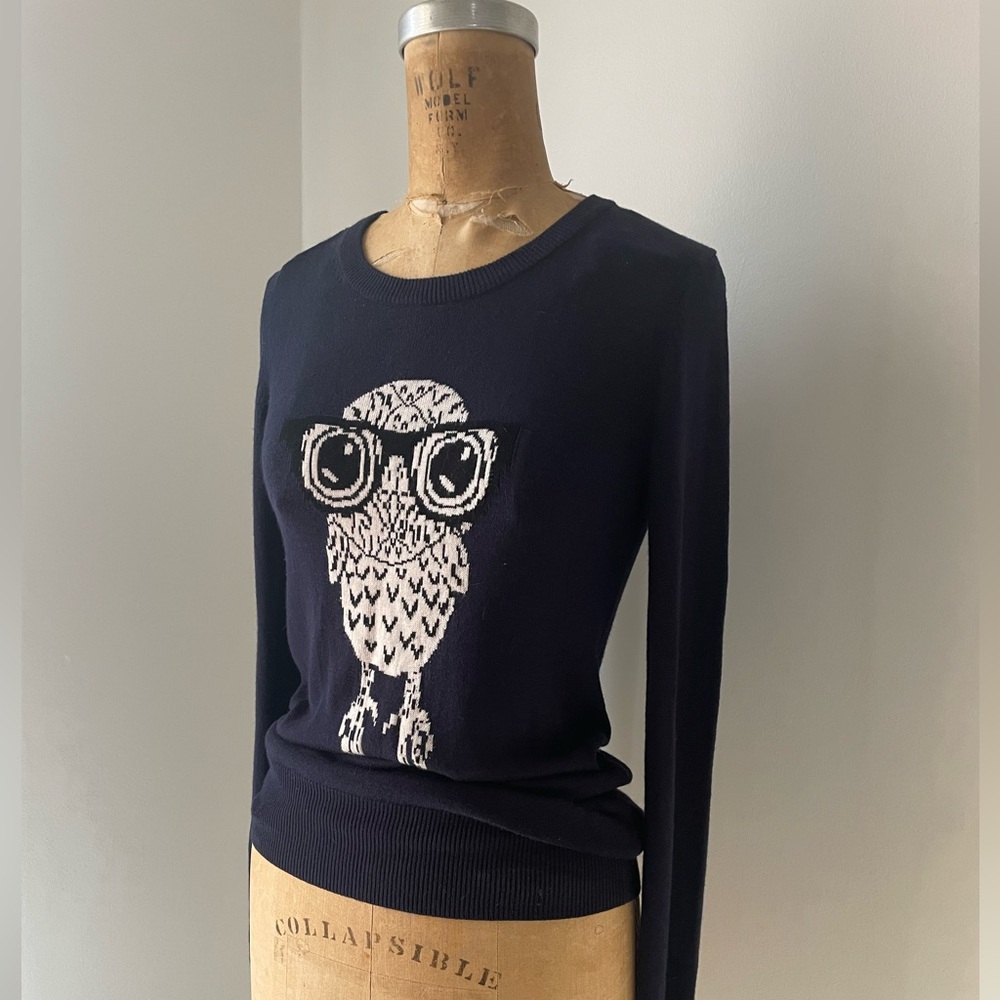 French Connection whimsical owl sweater navy blue pullover S